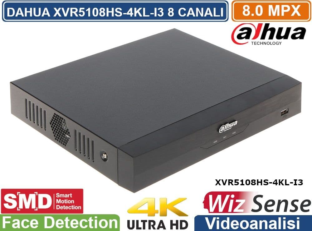 DAHUA DVR XVR 8 CANALI XVR5108HS-4KL-I3 PENTA-BRID 4K UHD 8CH 8MPX ULTRA HD 4K 5IN1 HDCVI/AHD/HDTVI/PAL/IP H.265+ P2P WIZSENSE IVS VIDEOANALISI