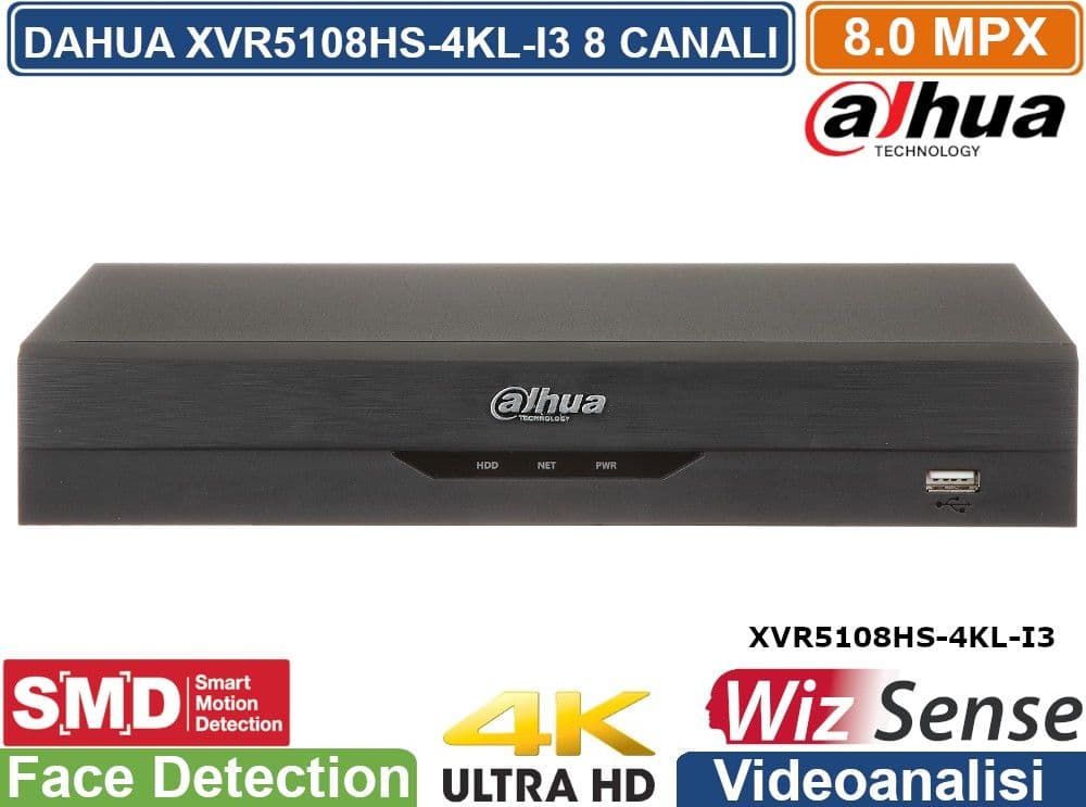 DAHUA DVR XVR 8 CANALI XVR5108HS-4KL-I3 PENTA-BRID 4K UHD 8CH 8MPX ULTRA HD 4K 5IN1 HDCVI/AHD/HDTVI/PAL/IP H.265+ P2P WIZSENSE IVS VIDEOANALISI - 2