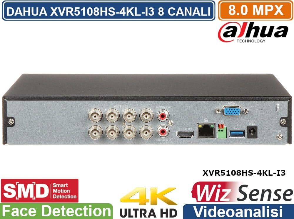 DAHUA DVR XVR 8 CANALI XVR5108HS-4KL-I3 PENTA-BRID 4K UHD 8CH 8MPX ULTRA HD 4K 5IN1 HDCVI/AHD/HDTVI/PAL/IP H.265+ P2P WIZSENSE IVS VIDEOANALISI - 3