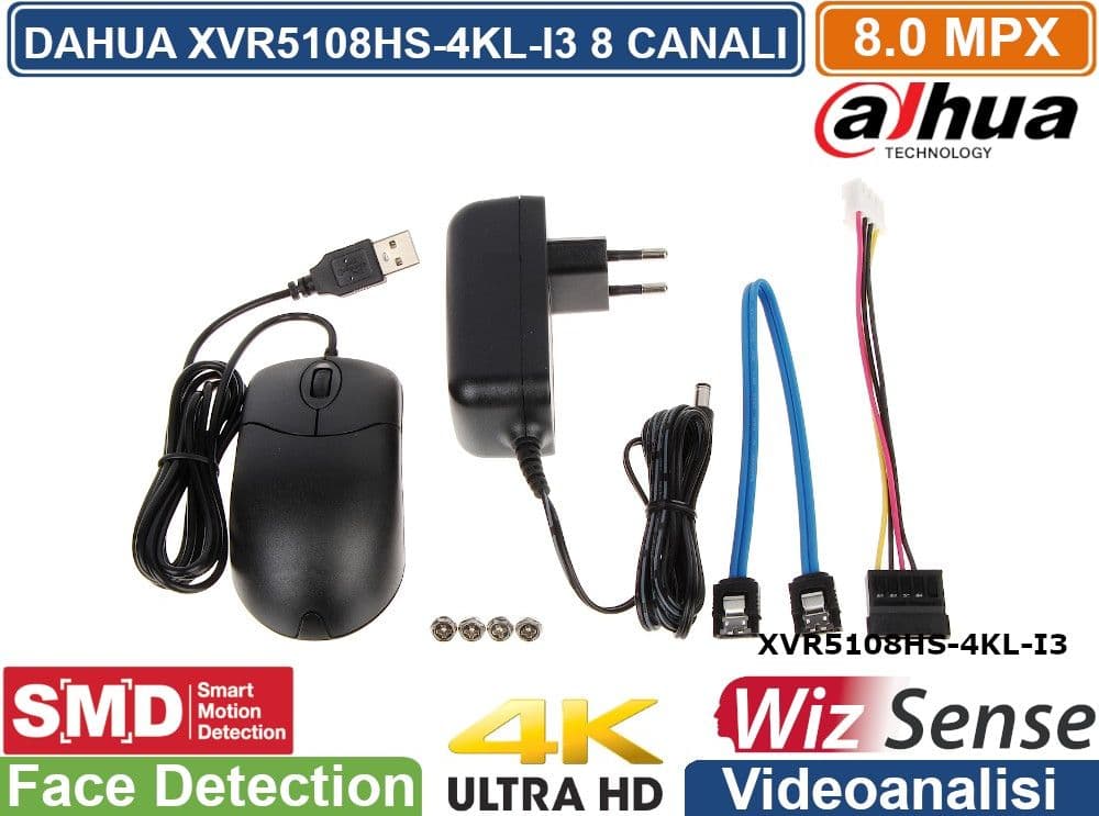 DAHUA DVR XVR 8 CANALI XVR5108HS-4KL-I3 PENTA-BRID 4K UHD 8CH 8MPX ULTRA HD 4K 5IN1 HDCVI/AHD/HDTVI/PAL/IP H.265+ P2P WIZSENSE IVS VIDEOANALISI - 4