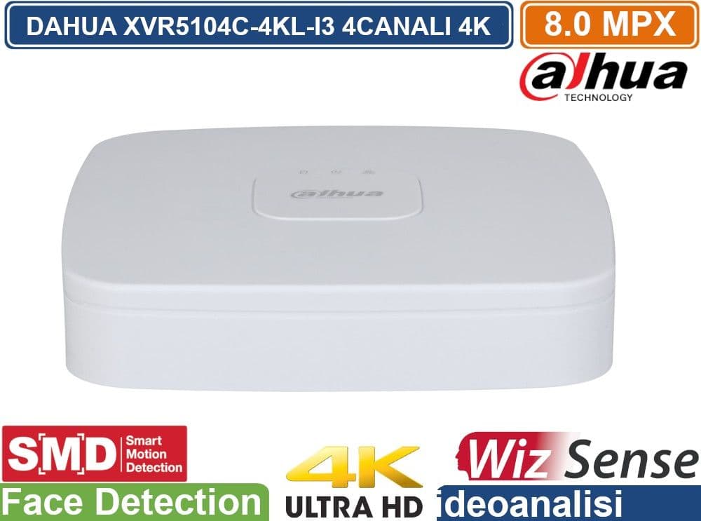 DAHUA DVR XVR 4 CANALI XVR5104C-4KL-I3 SMART PRO SERIES AI 1U WIZSENSE PENTA-BRID 4K UHD 4CH 8MPX ULTRA HD 5IN1 HDCVI/AHD/HDTVI/PAL/IP P2P IVS VIDEOANALISI - 2