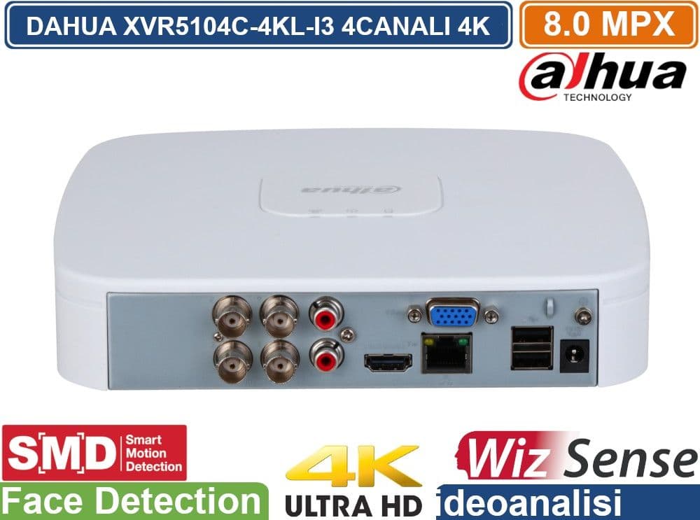 DAHUA DVR XVR 4 CANALI XVR5104C-4KL-I3 SMART PRO SERIES AI 1U WIZSENSE PENTA-BRID 4K UHD 4CH 8MPX ULTRA HD 5IN1 HDCVI/AHD/HDTVI/PAL/IP P2P IVS VIDEOANALISI - 3
