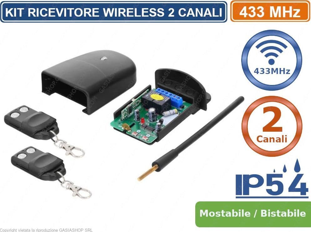 KIT RICEVITORE DA ESTERNO WIRELESS 433MHz CENTRALINA + 2 TELECOMANDI MONOSTABILE BISTABILE - 3