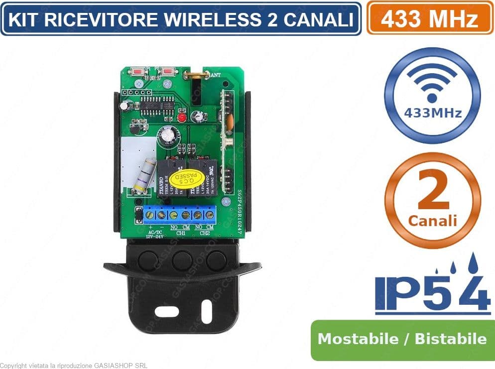 KIT RICEVITORE DA ESTERNO WIRELESS 433MHz CENTRALINA + 2 TELECOMANDI MONOSTABILE BISTABILE - 2