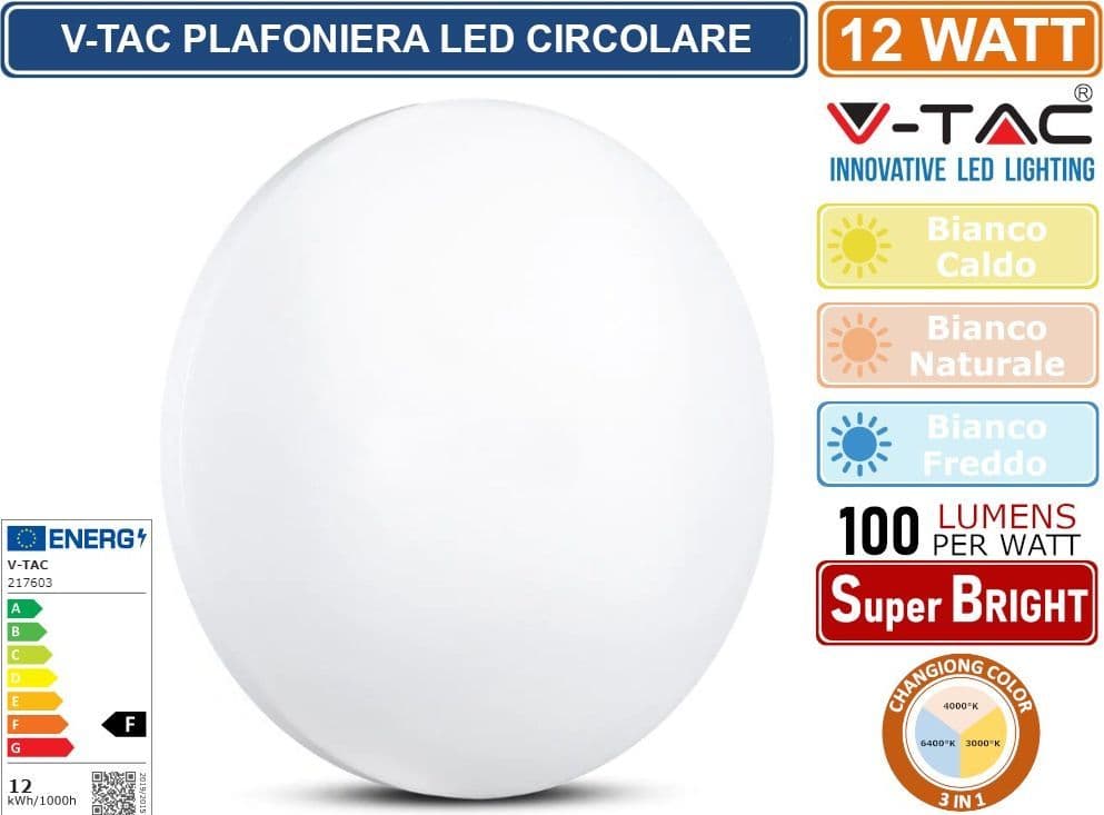 V-TAC VT-8412 PLAFONIERA LED 12W CHANGING COLOR 3IN1 FORMA CIRCOLARE COPERTURA OPACA - SKU 217603 - 6