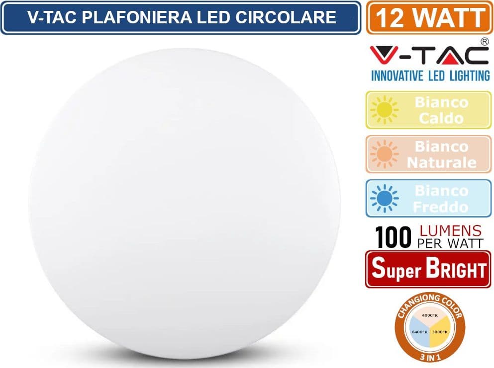 V-TAC VT-8412 PLAFONIERA LED 12W CHANGING COLOR 3IN1 FORMA CIRCOLARE COPERTURA OPACA - SKU 217603 - 2
