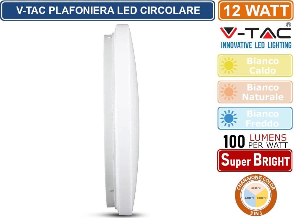 V-TAC VT-8412 PLAFONIERA LED 12W CHANGING COLOR 3IN1 FORMA CIRCOLARE COPERTURA OPACA - SKU 217603 - 3