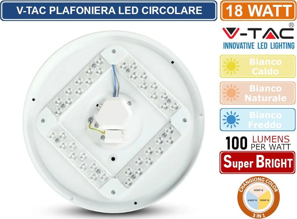 V-TAC GALLERY VT-8418 PLAFONIERA LED ROTONDA 18W SMD CHANGING COLOR CCT 3IN1 CON DRIVER COPERTURA OPACA - SKU 217605 - 5