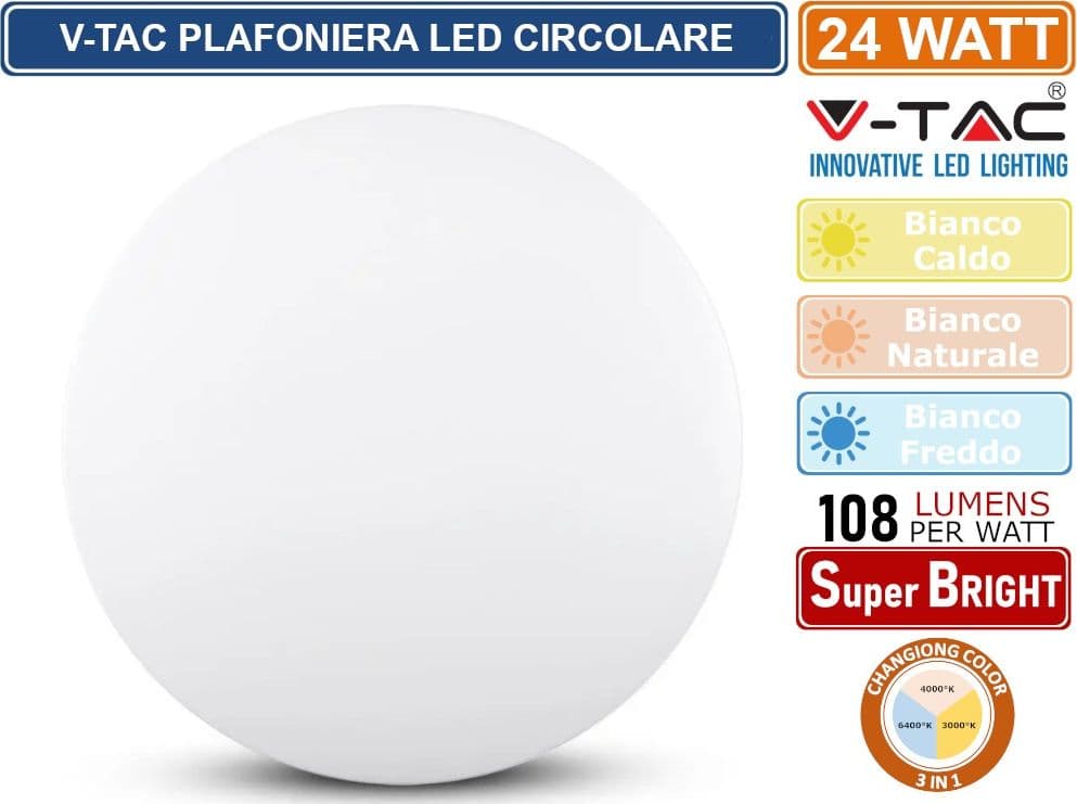 V-TAC VT-8424 PLAFONIERA LED 24W CHANGING COLOR 3IN1 FORMA CIRCOLARE COPERTURA OPACA - SKU 217607 - 2