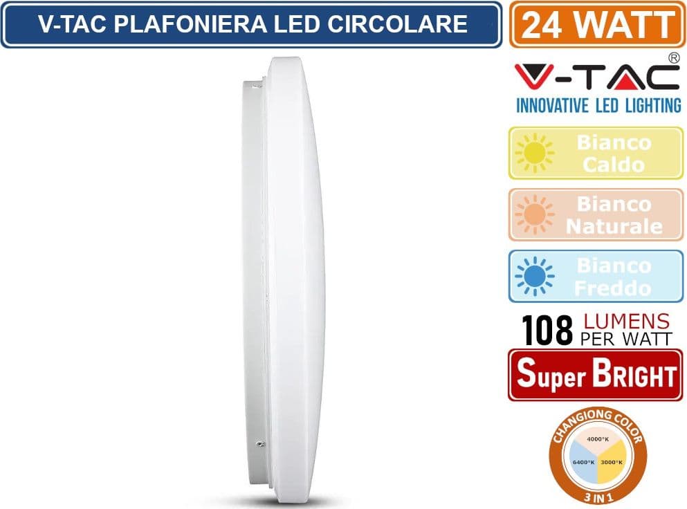 V-TAC VT-8424 PLAFONIERA LED 24W CHANGING COLOR 3IN1 FORMA CIRCOLARE COPERTURA OPACA - SKU 217607 - 3