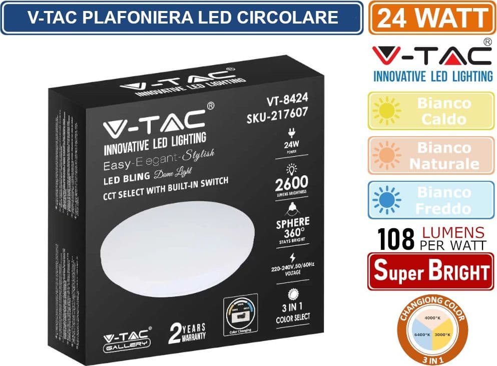 V-TAC VT-8424 PLAFONIERA LED 24W CHANGING COLOR 3IN1 FORMA CIRCOLARE COPERTURA OPACA - SKU 217607 - 5