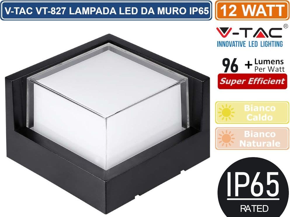 V-TAC VT-827 LAMPADA LED DA MURO 12W WALL LIGHT IP65 APPLIQUE QUADRATA COLORE NERO - SKU 218539 / 218540 - 2