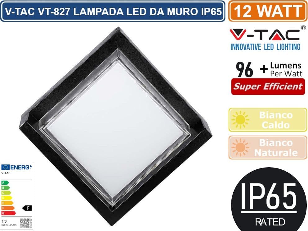 V-TAC VT-827 LAMPADA LED DA MURO 12W WALL LIGHT IP65 APPLIQUE QUADRATA COLORE NERO - SKU 218539 / 218540 - 3