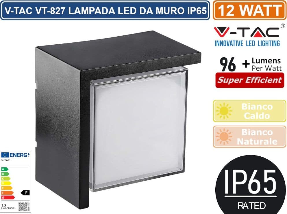 V-TAC VT-827 LAMPADA LED DA MURO 12W WALL LIGHT IP65 APPLIQUE QUADRATA COLORE NERO - SKU 218539 / 218540 - 4