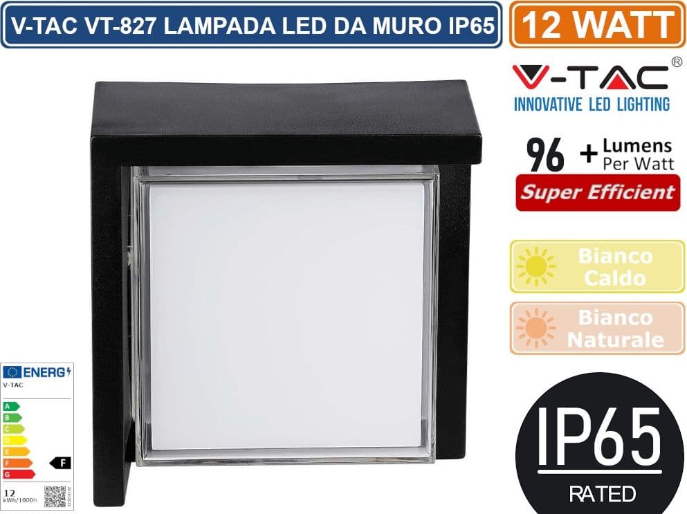 V-TAC VT-827 LAMPADA LED DA MURO 12W WALL LIGHT IP65 APPLIQUE QUADRATA COLORE NERO - SKU 218539 / 218540 - 5