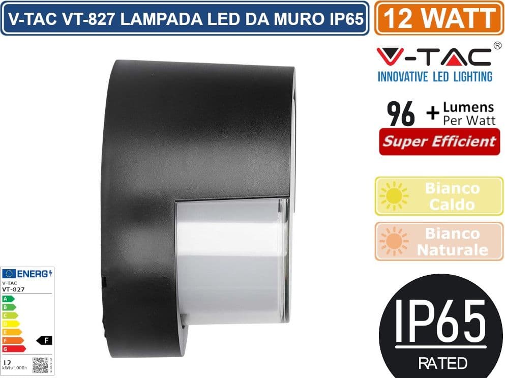 V-TAC VT-827 LAMPADA LED DA MURO 12W WALL LIGHT IP65 APPLIQUE ROTONDA COLORE NERO - SKU 218537 / 218538 - 2