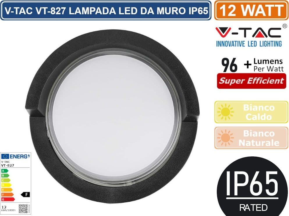 V-TAC VT-827 LAMPADA LED DA MURO 12W WALL LIGHT IP65 APPLIQUE ROTONDA COLORE NERO - SKU 218537 / 218538 - 3
