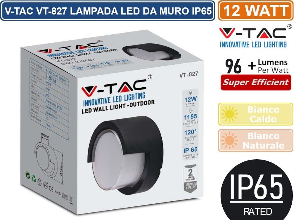 V-TAC VT-827 LAMPADA LED DA MURO 12W WALL LIGHT IP65 APPLIQUE ROTONDA COLORE NERO - SKU 218537 / 218538 - 4