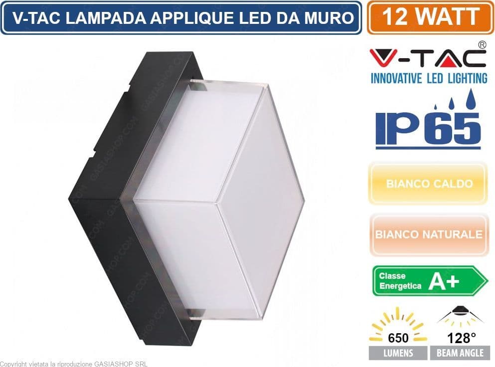 V-TAC VT-828 LAMPADA LED DA MURO 12W WALL LIGHT COLORE NERO FORMA QUADRATA - SKU 8543 / 8544 - 2