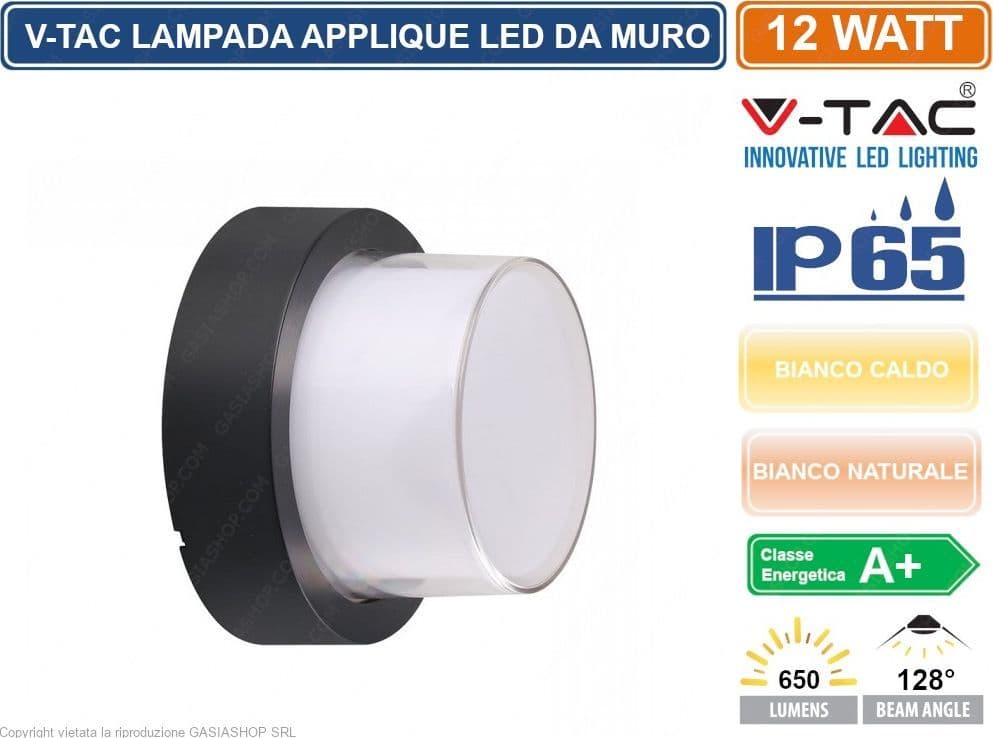 V-TAC VT-828 LAMPADA LED DA MURO 12W WALL LIGHT COLORE NERO FORMA ROTONDA - SKU 8541 / 8542 - 2