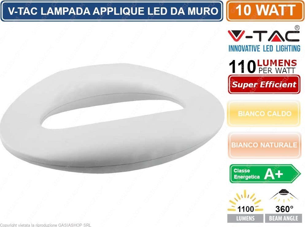 V-TAC VT-811 LAMPADA DA MURO WALL LIGHT LED 10W FORMA ARROTONDATA COLORE BIANCO - SKU 8307 / 8308 - 2