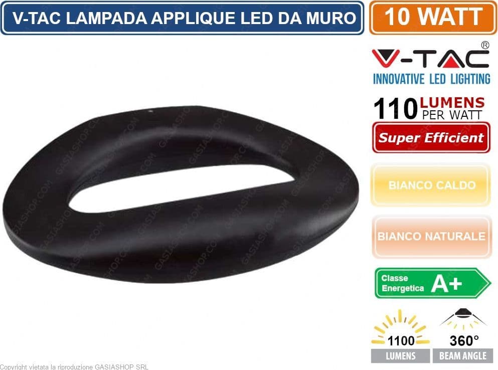 V-TAC VT-811 LAMPADA DA MURO WALL LIGHT LED 10W FORMA ARROTONDATA COLORE NERO - SKU 8309 / 8310 - 2