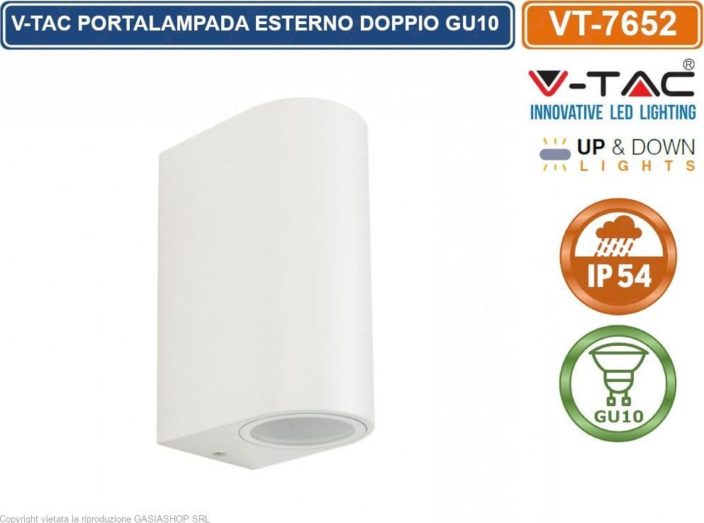 V-TAC VT-7652 PORTALAMPADA DOPPIO WALL LIGHT DA MURO PER 2 LAMPADINE GU10 IP44 - SKU 7542 - 2