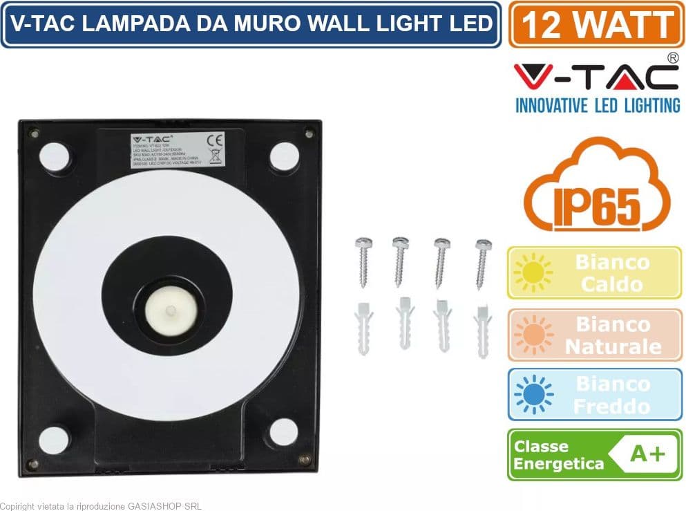 V-TAC VT-822 LAMPADA LED DA MURO 12W WALL LIGHT COLORE NERO - SKU 8340 / 8341 / 8342 - 2