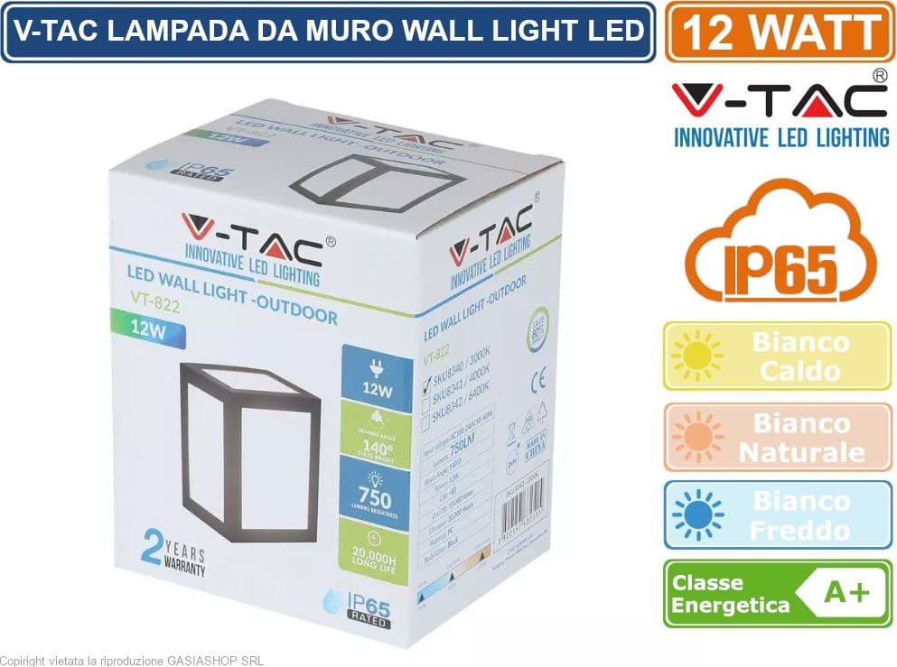 V-TAC VT-822 LAMPADA LED DA MURO 12W WALL LIGHT COLORE NERO - SKU 8340 / 8341 / 8342 - 3