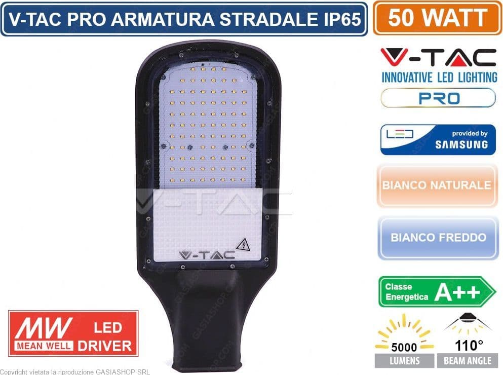 V-TAC PRO VT-51ST LAMPADA STRADALE LED 50W LAMPIONE SMD CHIP SAMSUNG - SKU 21539 / 21540 IP65 MEANWELL - 4