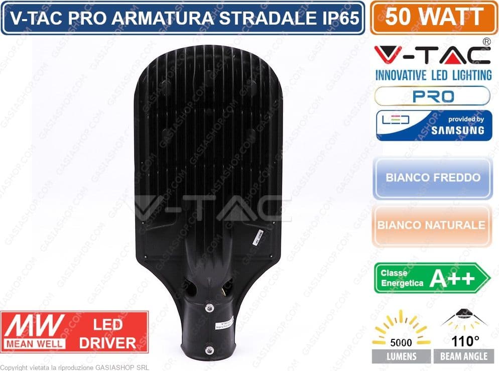 V-TAC PRO VT-51ST LAMPADA STRADALE LED 50W LAMPIONE SMD CHIP SAMSUNG - SKU 21539 / 21540 IP65 MEANWELL - 2