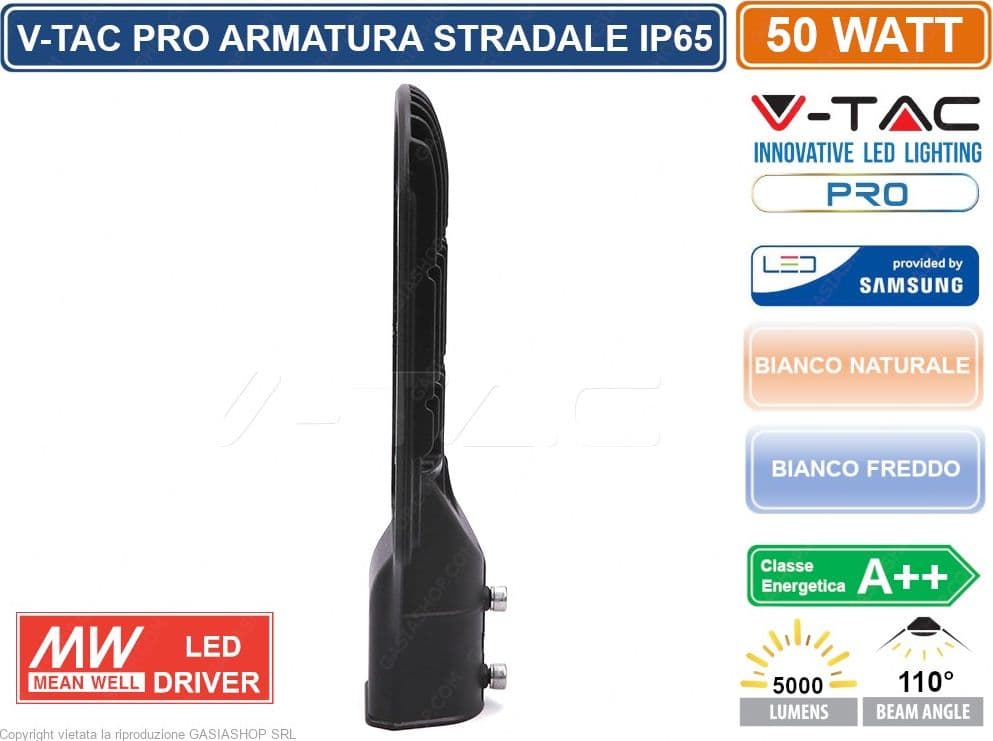 V-TAC PRO VT-51ST LAMPADA STRADALE LED 50W LAMPIONE SMD CHIP SAMSUNG - SKU 21539 / 21540 IP65 MEANWELL - 3