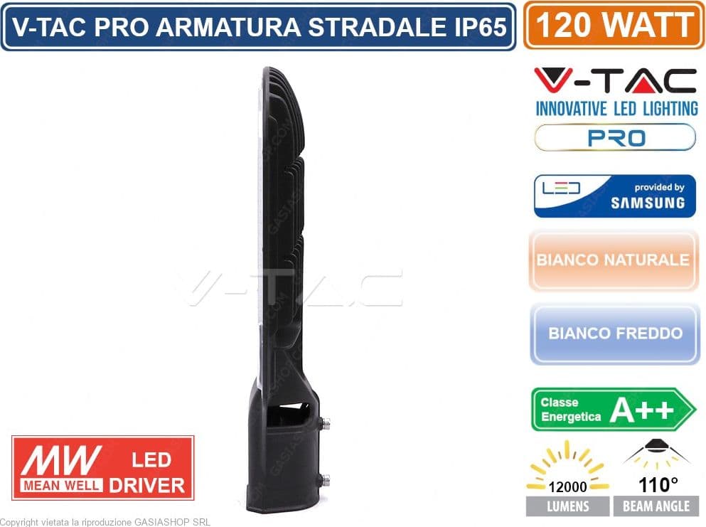 V-TAC PRO VT-121ST LAMPADA STRADALE LED 120W LAMPIONE SMD CHIP SAMSUNG - SKU 533 / 534 IP65 MEANWELL - 3