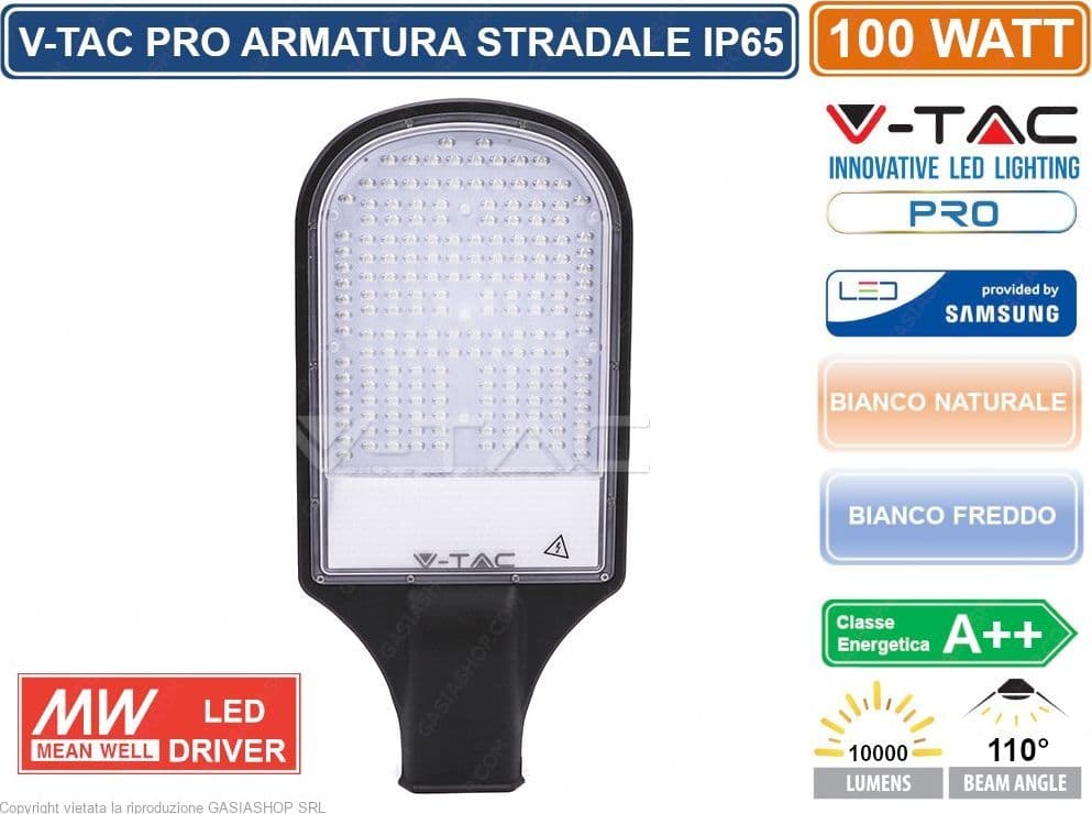 V-TAC PRO VT-101ST LAMPADA STRADALE LED 100W LAMPIONE SMD CHIP SAMSUNG - SKU 535 / 536 IP65 MEANWELL - 4