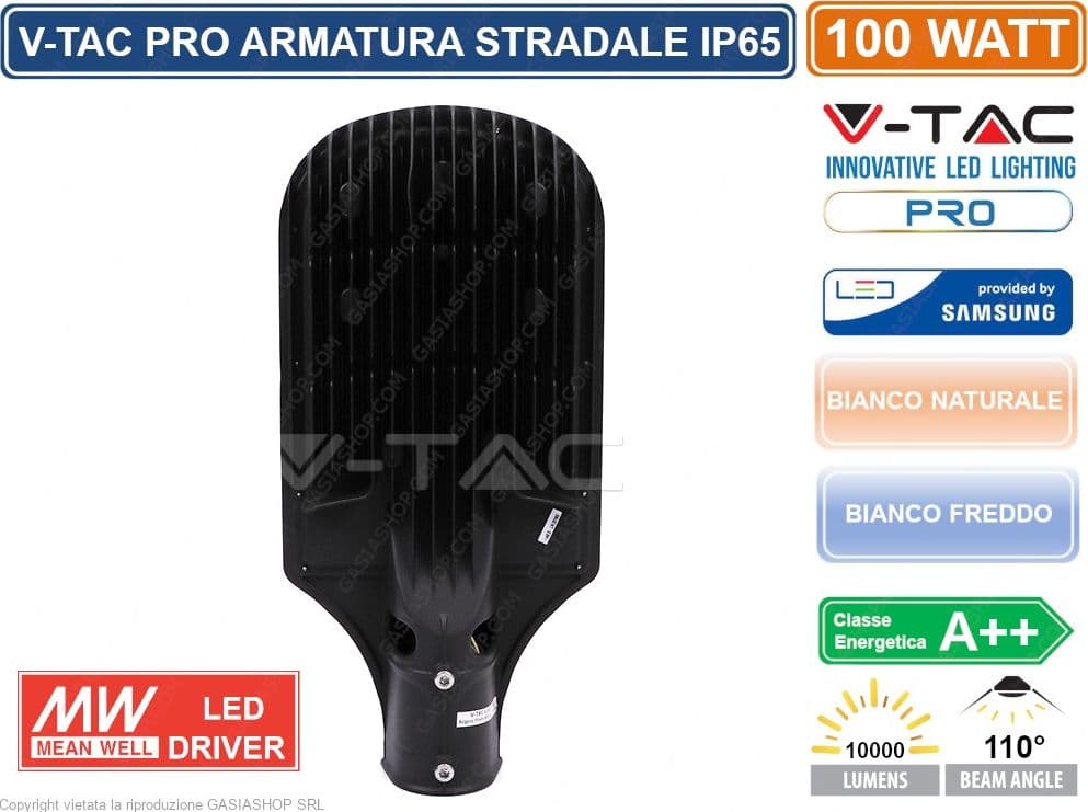 V-TAC PRO VT-101ST LAMPADA STRADALE LED 100W LAMPIONE SMD CHIP SAMSUNG - SKU 535 / 536 IP65 MEANWELL - 2