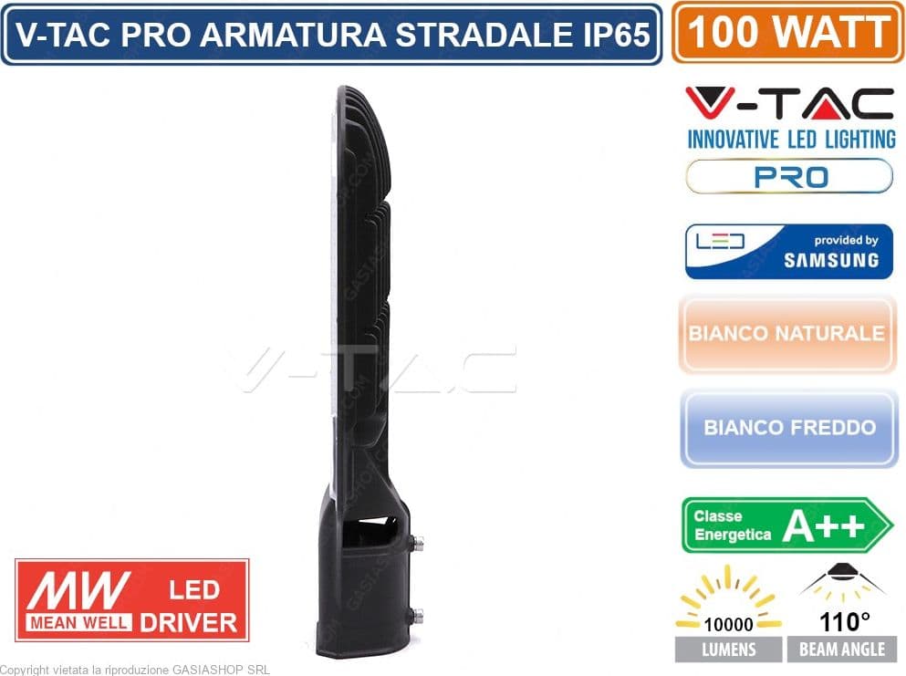 V-TAC PRO VT-101ST LAMPADA STRADALE LED 100W LAMPIONE SMD CHIP SAMSUNG - SKU 535 / 536 IP65 MEANWELL - 3