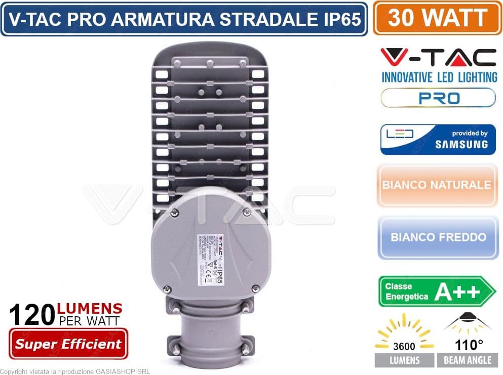 V-TAC PRO VT-34ST LAMPADA STRADALE LED 30W LAMPIONE SMD CHIP SAMSUNG - SKU 21956 / 21957 IP65 - 2