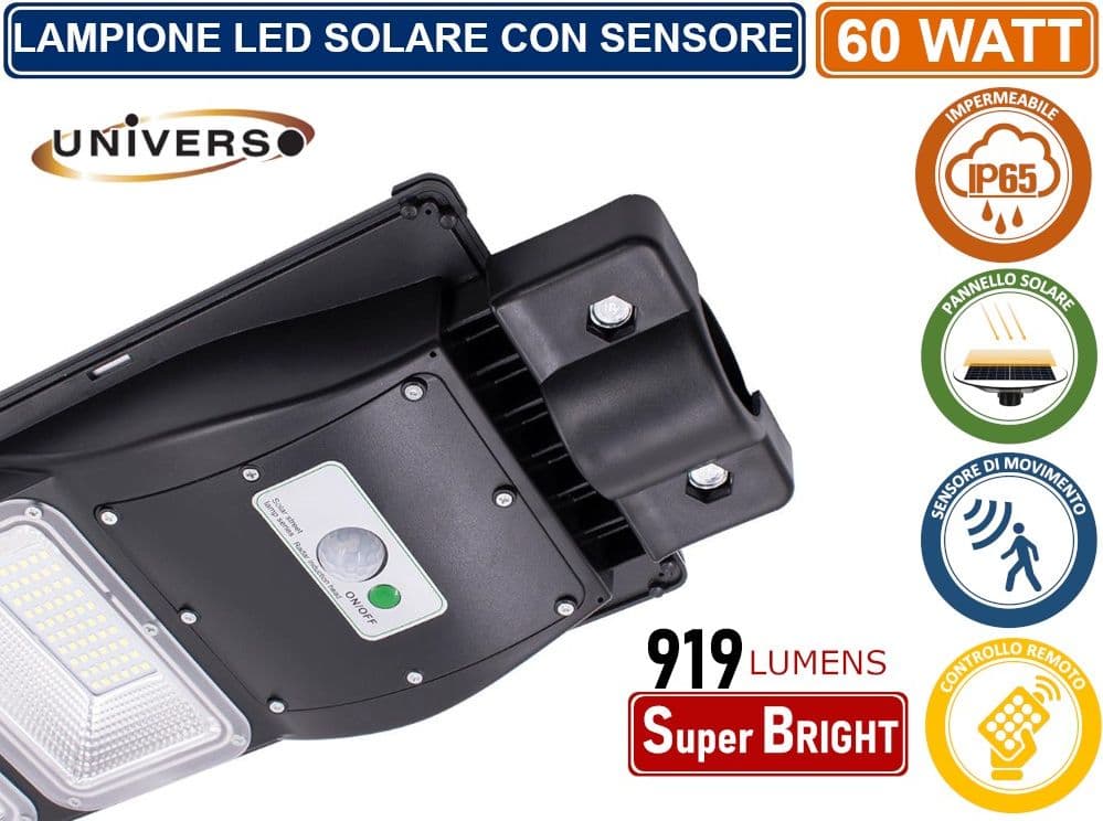 LAMPIONE STRADALE LED 60W CON PANNELLO SOLARE FOTOVOLTAICO E SENSORE DI MOVIMENTO IP65 919 LUMEN - 2