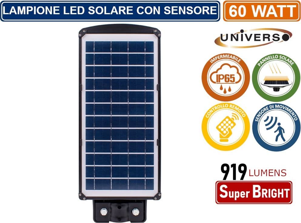 LAMPIONE STRADALE LED 60W CON PANNELLO SOLARE FOTOVOLTAICO E SENSORE DI MOVIMENTO IP65 919 LUMEN - 3