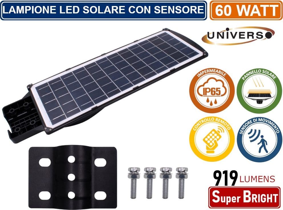 LAMPIONE STRADALE LED 60W CON PANNELLO SOLARE FOTOVOLTAICO E SENSORE DI MOVIMENTO IP65 919 LUMEN - 4