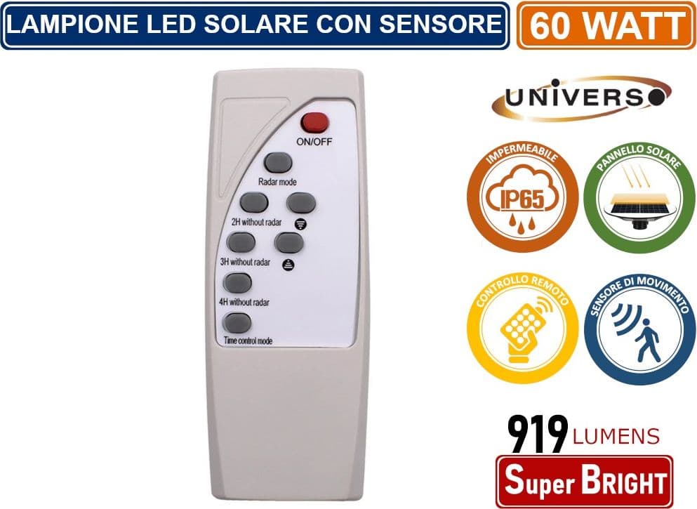 LAMPIONE STRADALE LED 60W CON PANNELLO SOLARE FOTOVOLTAICO E SENSORE DI MOVIMENTO IP65 919 LUMEN - 5