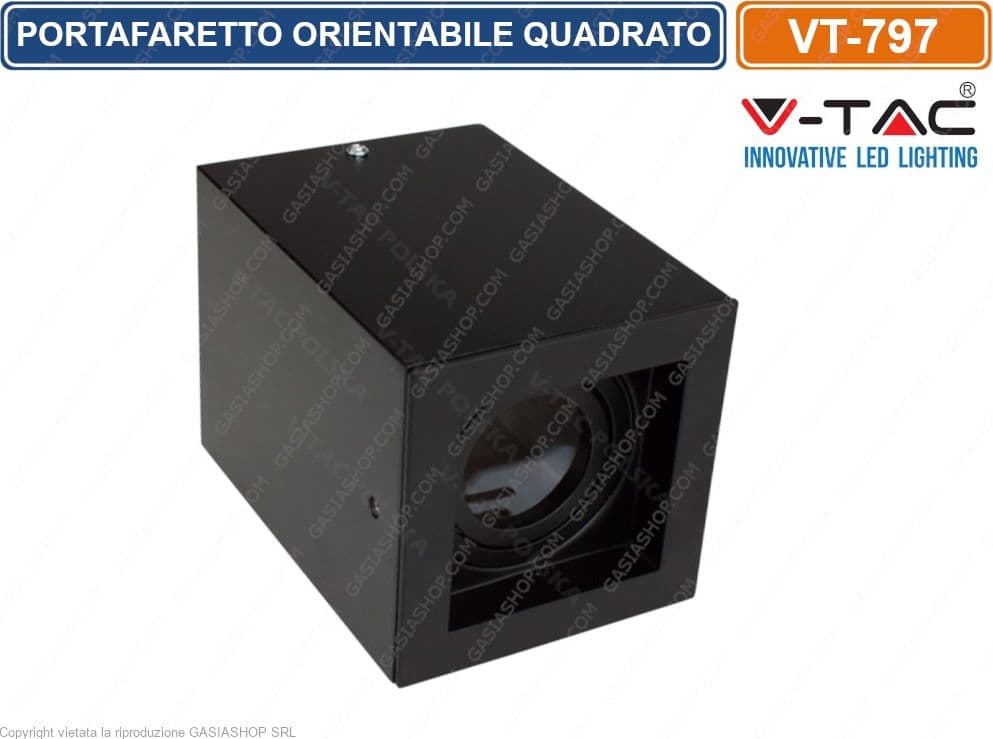V-TAC VT-797 PORTAFARETTO ORIENTABILE QUADRATO NERO DA SOFFITTO PER LAMPADINE GU10 E GU5.3 - SKU 3631