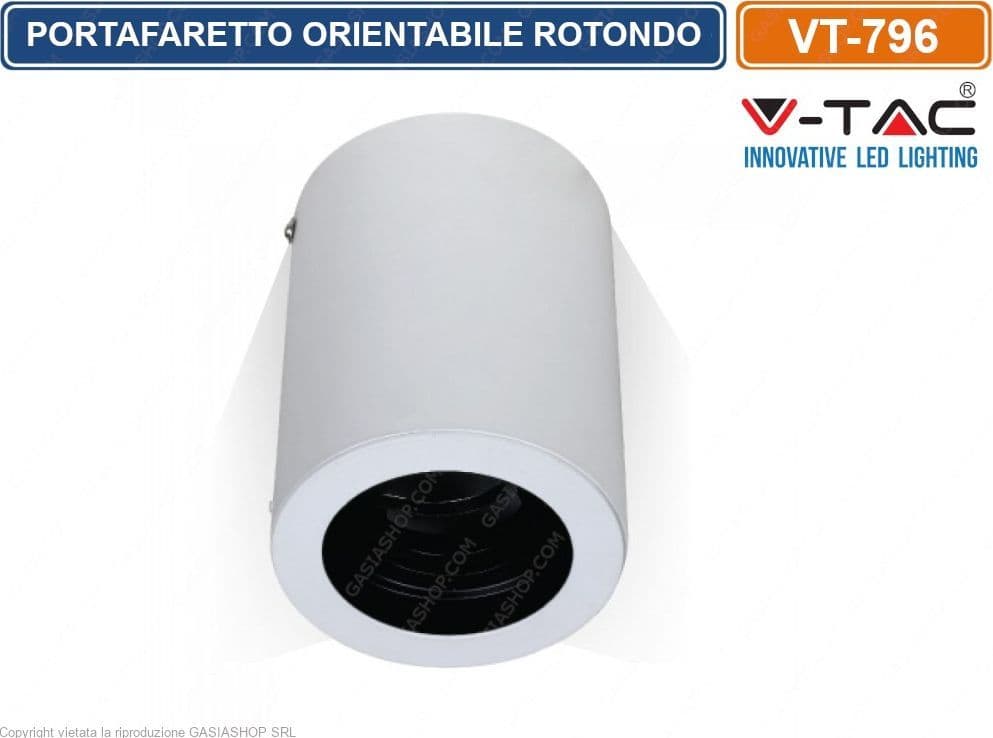 V-TAC VT 796 PORTAFARETTO ORIENTABILE ROTONDO BIANCO DA SOFFITTO PER LAMPADINE GU10 E GU5.3 - SKU 3627 - 2