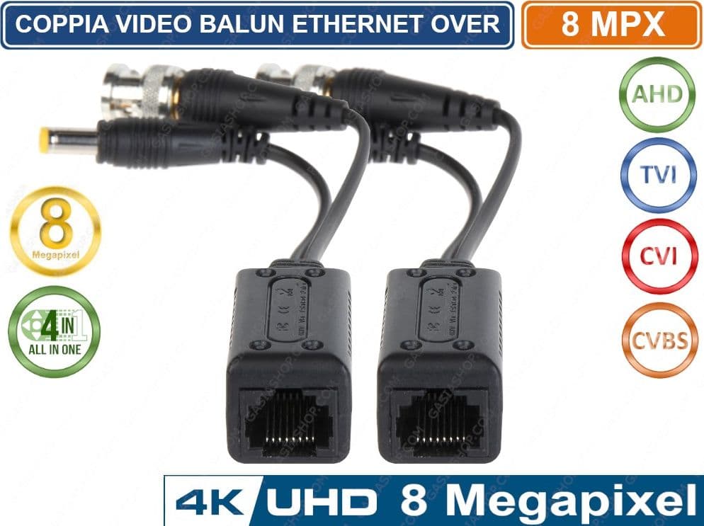 COPPIA TRASMETTITORI VIDEO BALUN ETHERNET ALIMENTAZIONE 8MP 4 IN 1 AHD TVI CVI CVB  PER CCTV VIDEOSORVEGLIANZA - 2