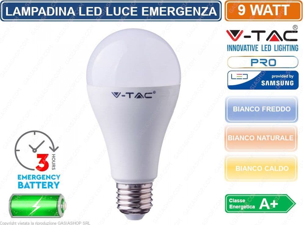 V-TAC PRO VT-2309 LAMPADINA LED E27 9W BULB A70 LUCE EMERGENZA ANTI BLACK-OUT - SKU 2371 / 2372 / 2373 - 2