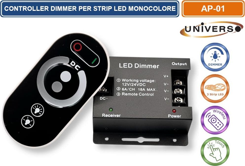 UNIVERSO AP-01 CONTROLLER DIMMER PER STRISCE LED MONOCOLORE DC 12V - 24V CON TELECOMANDO 3 CANALI A 6A - 2