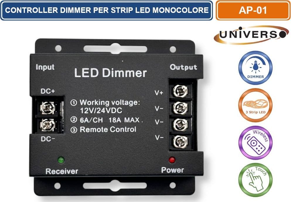 UNIVERSO AP-01 CONTROLLER DIMMER PER STRISCE LED MONOCOLORE DC 12V - 24V CON TELECOMANDO 3 CANALI A 6A - 3