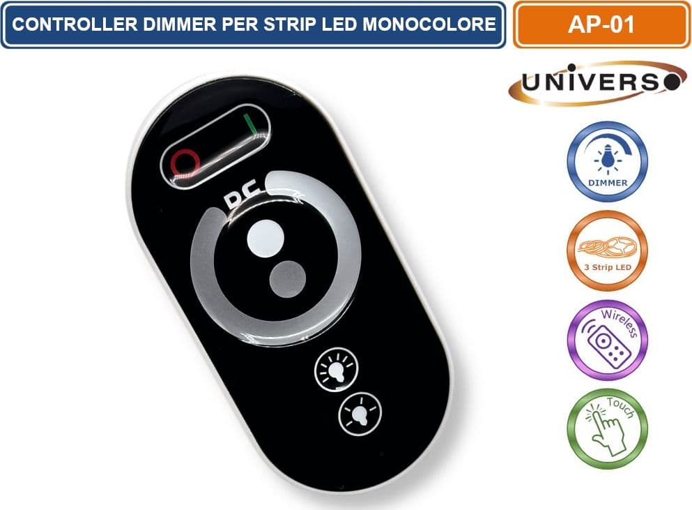 UNIVERSO AP-01 CONTROLLER DIMMER PER STRISCE LED MONOCOLORE DC 12V - 24V CON TELECOMANDO 3 CANALI A 6A - 4