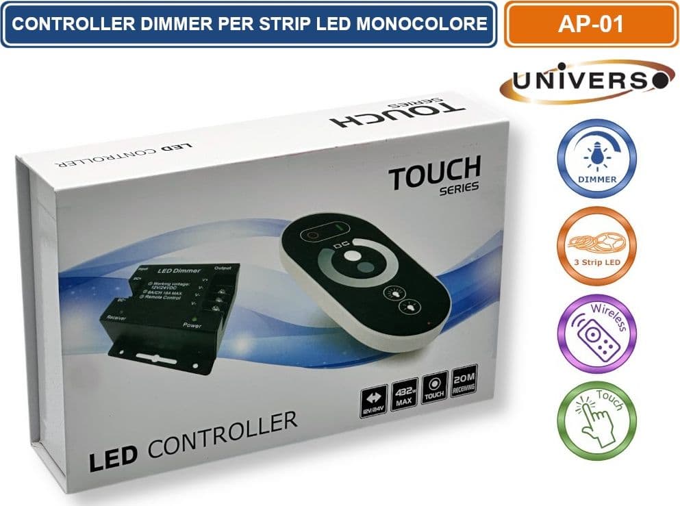 UNIVERSO AP-01 CONTROLLER DIMMER PER STRISCE LED MONOCOLORE DC 12V - 24V CON TELECOMANDO 3 CANALI A 6A - 5