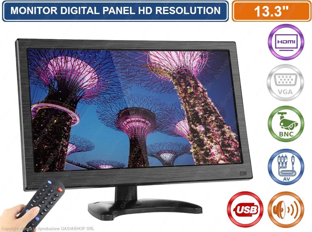 MONITOR LED 13.3" POLLICI HD RESOLUTION AV VGA HDMI BNC ALTOPARLANTI INGRESSO AUDIO VIDEOSORVEGLIANZA VIDEO PC